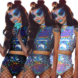 European and American Sexy Nightclub Laser Light-Emitting Swimsuit Internet Celebrity Party Music Festival Women's Lace-Up Two-Piece Set