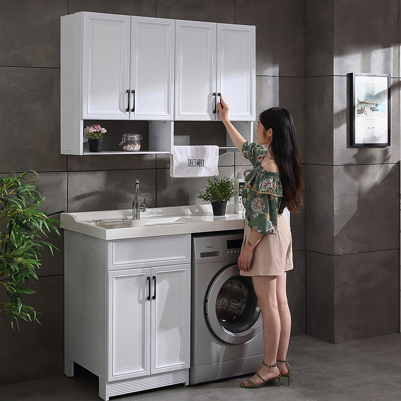Balcony Washing Machine Cabinet Combination Washbasin Sink with Washboard Quartz Stone Countertop Bathroom Cabinet Integrated Companion