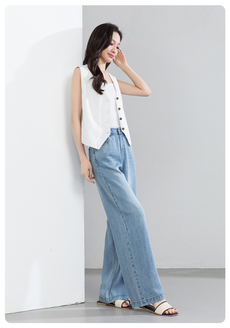Quần jean nữ ống rộng cạp cao dáng suông vải Tencel mềm mại dài 103 cm — Màu xanh - Chiều dài quần thông thường khoảng 103cm chi tiết 23
