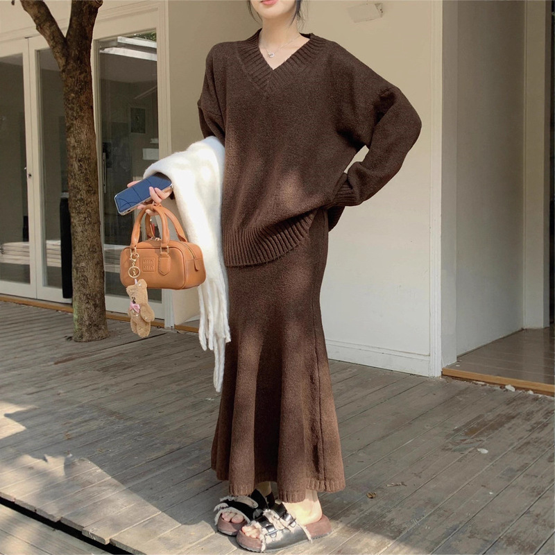 秋冬新款韩版时尚休闲针织套装女装气质宽松百搭鱼尾裙毛衣两件套|undefined