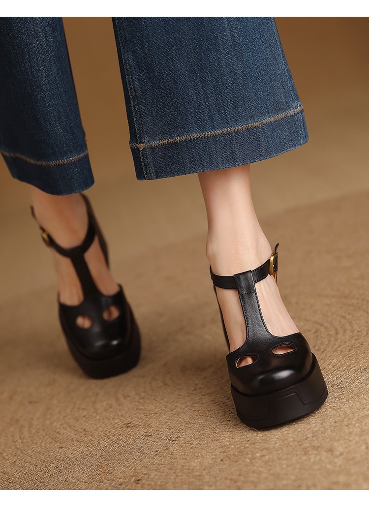 Sandal nữ đế xuồng platform gót vuông phong cách vintage khóa kim loại — màu nâu, màu đen chi tiết 8
