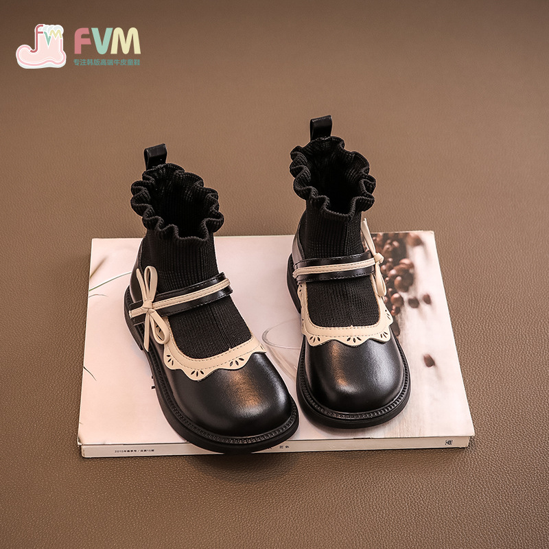 Fvm Girls Boots Kidsren's Martin Short Boots 2025 New Autumn and Winter Baby Little Princess Leather Shoes Fleece-Lined Socks Boots