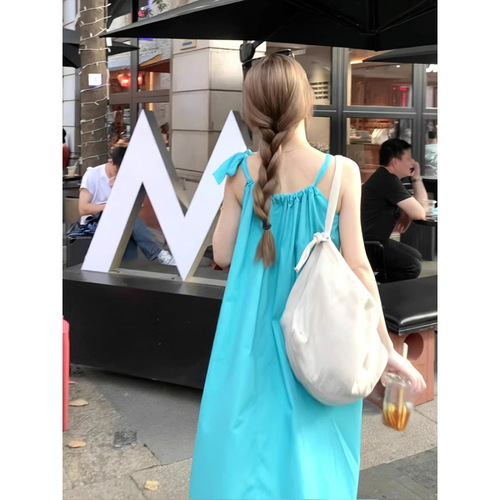 Women's Summer Loose and Slimming A-line Dress with Shoulder Straps, Blue Medium-length Vacation Style Belted Dress, 2025