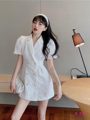 Summer Suit Dress French Style Short Sleeve Waist Cinching Slimming White Puff Sleeve Short Skirt for Women in 2025