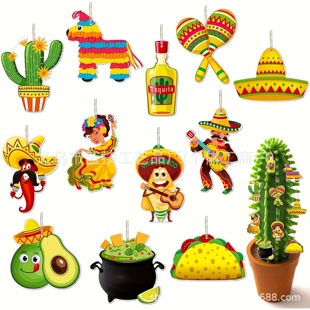 24 Pieces Vintage Wooden Mexican Decorations suit May Festival Hanging Ornaments Indoor and Outdoor Party Decor