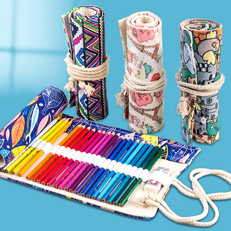 Large Capacity Pen Curtain Children Color Cartoon Pencil Storage Bag Simple Fabric Printing Black Finishing Special Pencil Bag