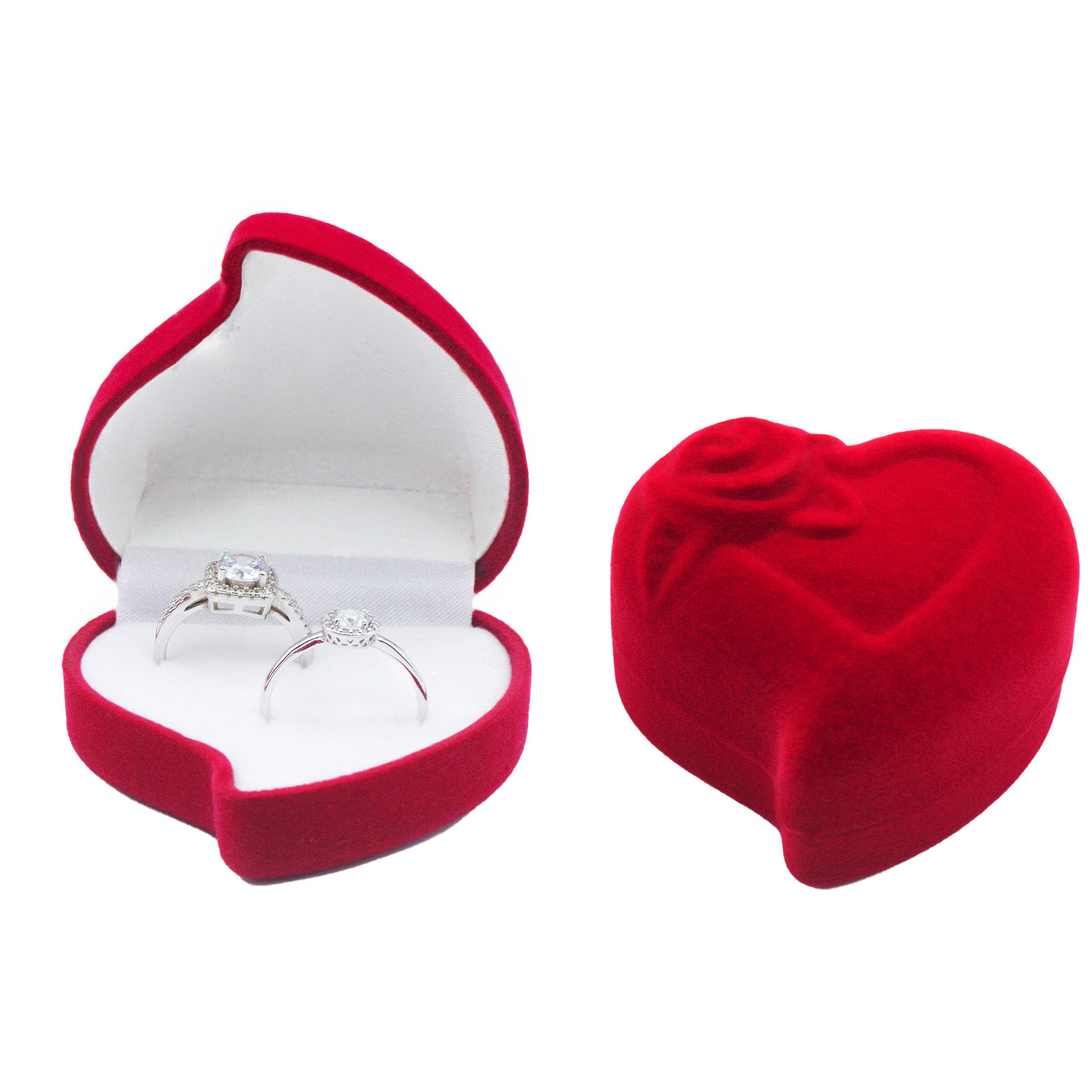 Caja para anillos con forma de corazón, diseño floral inclinado, color melocotón, con exterior rojo e interior blanco; 60*60*40mm