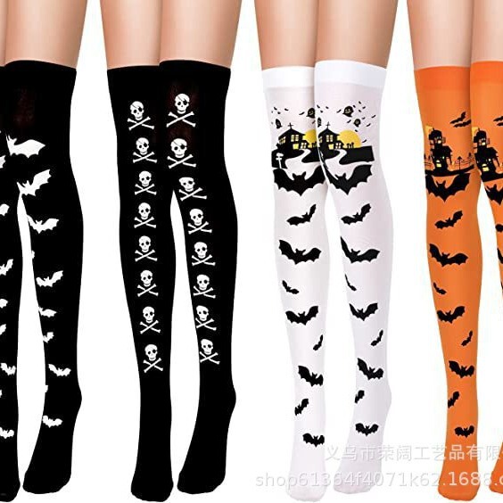 New Christmas Halloween Party Over-The-Knee Socks Cosplay Accessories Printed Long Socks Bat Skull Socks