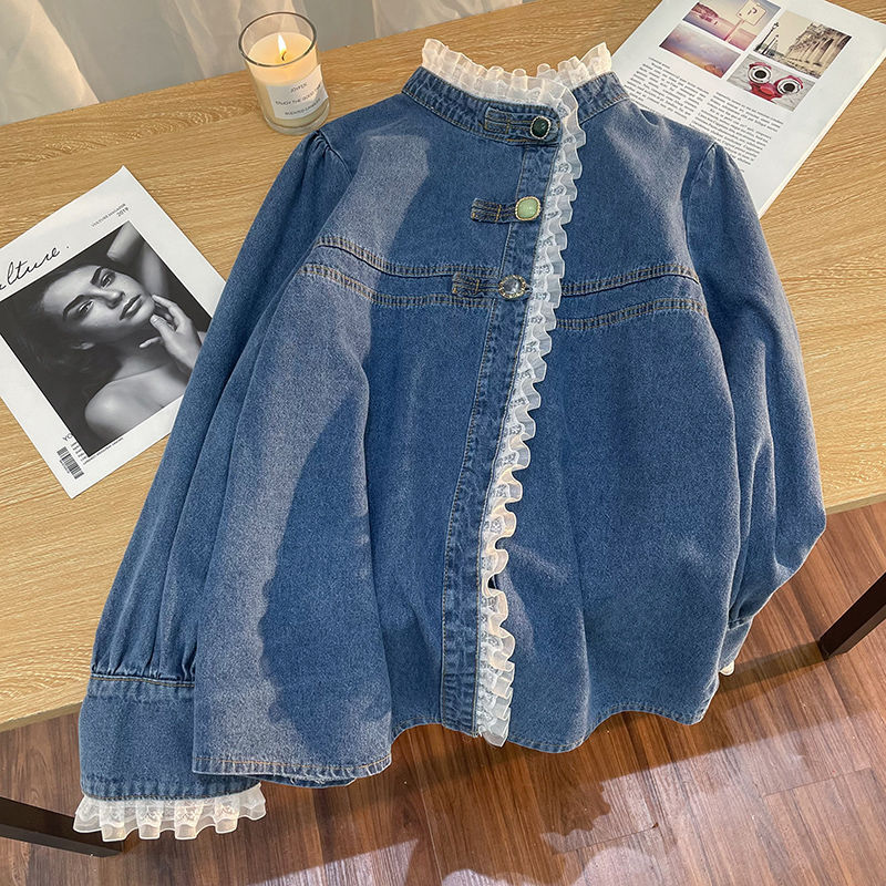 Age-Reducing Elegant Design Lace Denim Shirt Women's Autumn and Winter Large Size Fat mm Korean Style Top Short Jacket Shirt