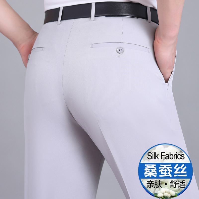 Pantalones finos de seda de morera para hombres de primavera y verano para hombres, pantalones rectos de mediana edad de cintura alta sin planchar para hombres de mediana edad y ancianos image 16