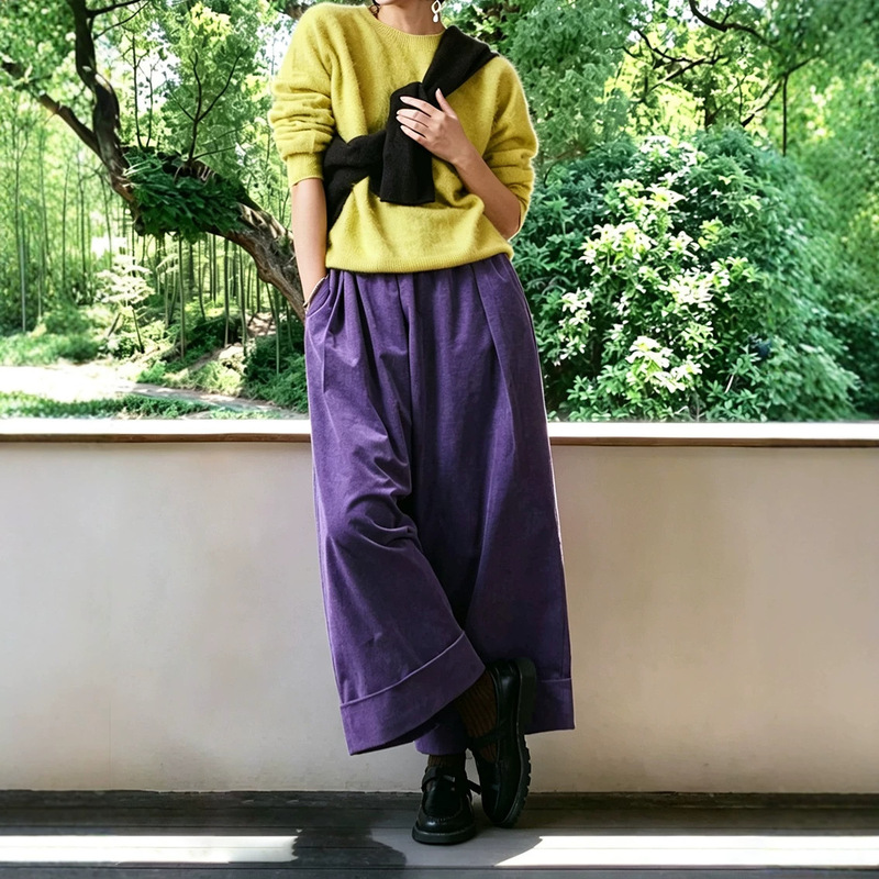 Multi-colored, rolled-hem, casual wide-leg corduroy pants for women, with an elastic waistband, perfect for autumn, in a vintage and artistic style, and a cropped length (9/10). D0905 Multi-colored, rolled-hem, casual wide-leg corduroy pants for women, with an elastic waistband, perfect for autumn, in a vintage and artistic style, and a cropped length (9/10). D0905