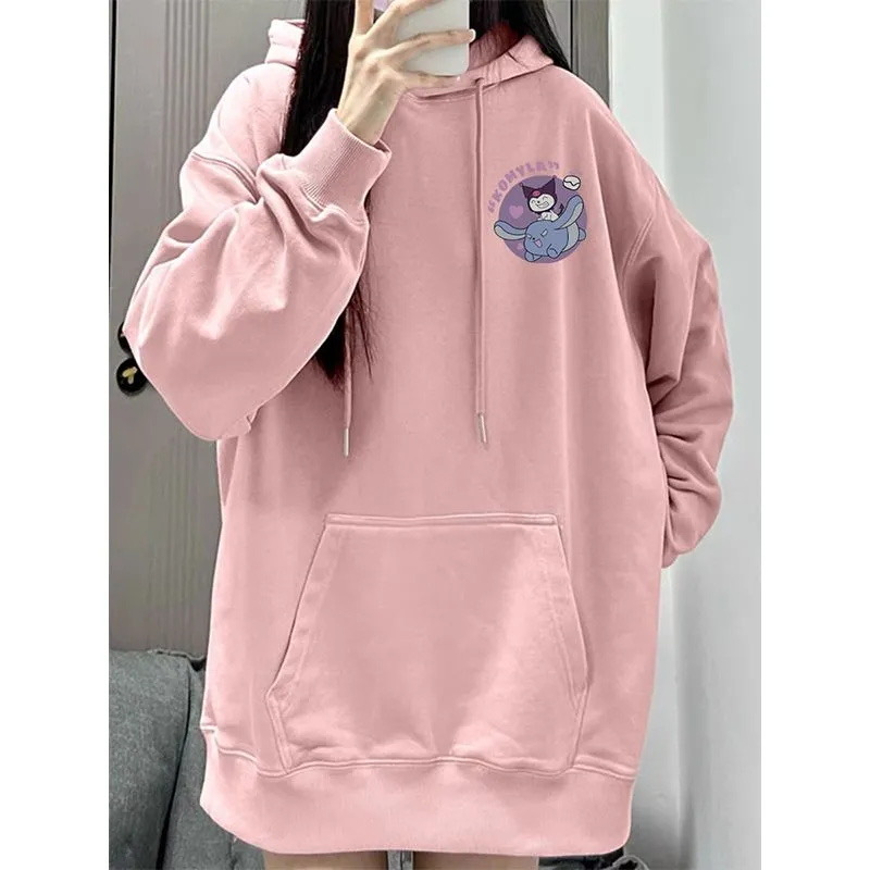 跨境多巴胺穿搭圆领卫衣女秋冬季新款卡通库洛米长袖套头加绒上衣