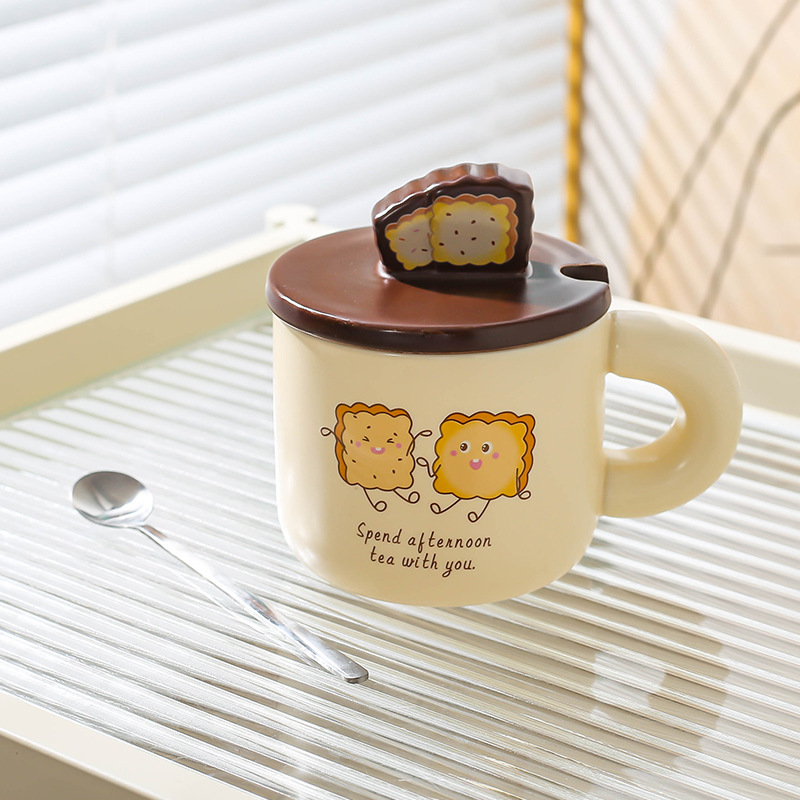Pan creativo de cerámica hogar lindo taza de dibujos animados taza pareja taza de agua con tapa cuchara taza de café taza de desayuno
