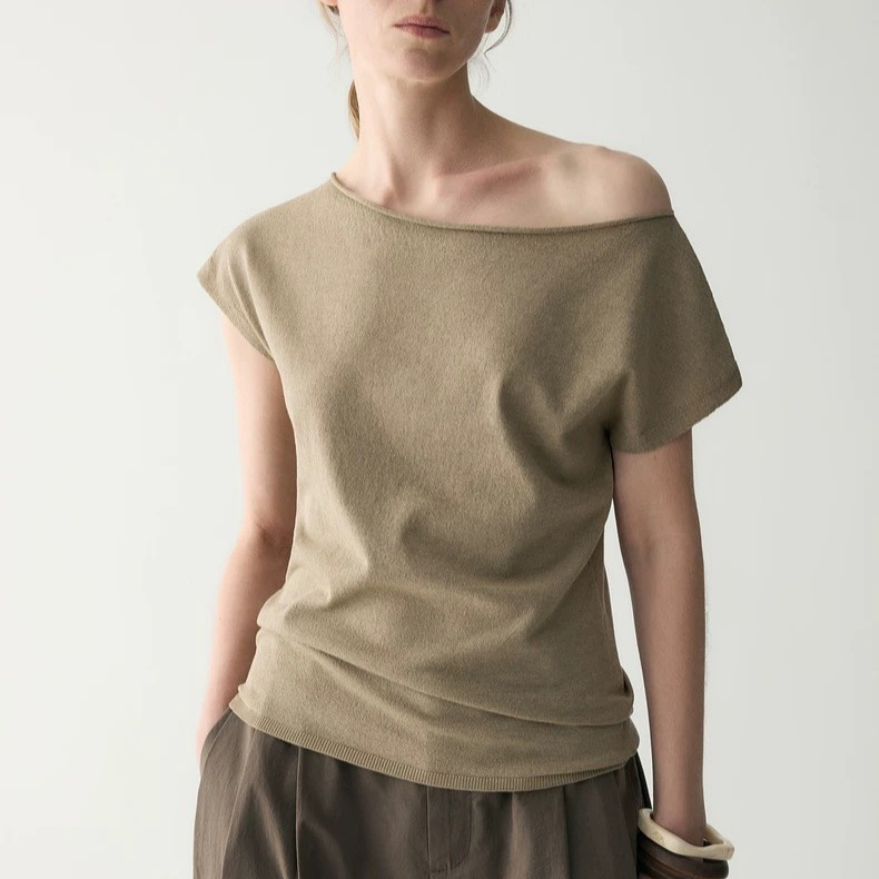 Light-Colored Tencel Linen T-Shirt for Women, New Summer Style with Small Flutter Sleeves, Knitted Pullover for Women