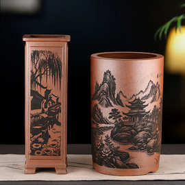 宜兴紫砂花盆柴烧兰花盆高签筒古典手工刻绘君子兰蕙春兰盆景批发