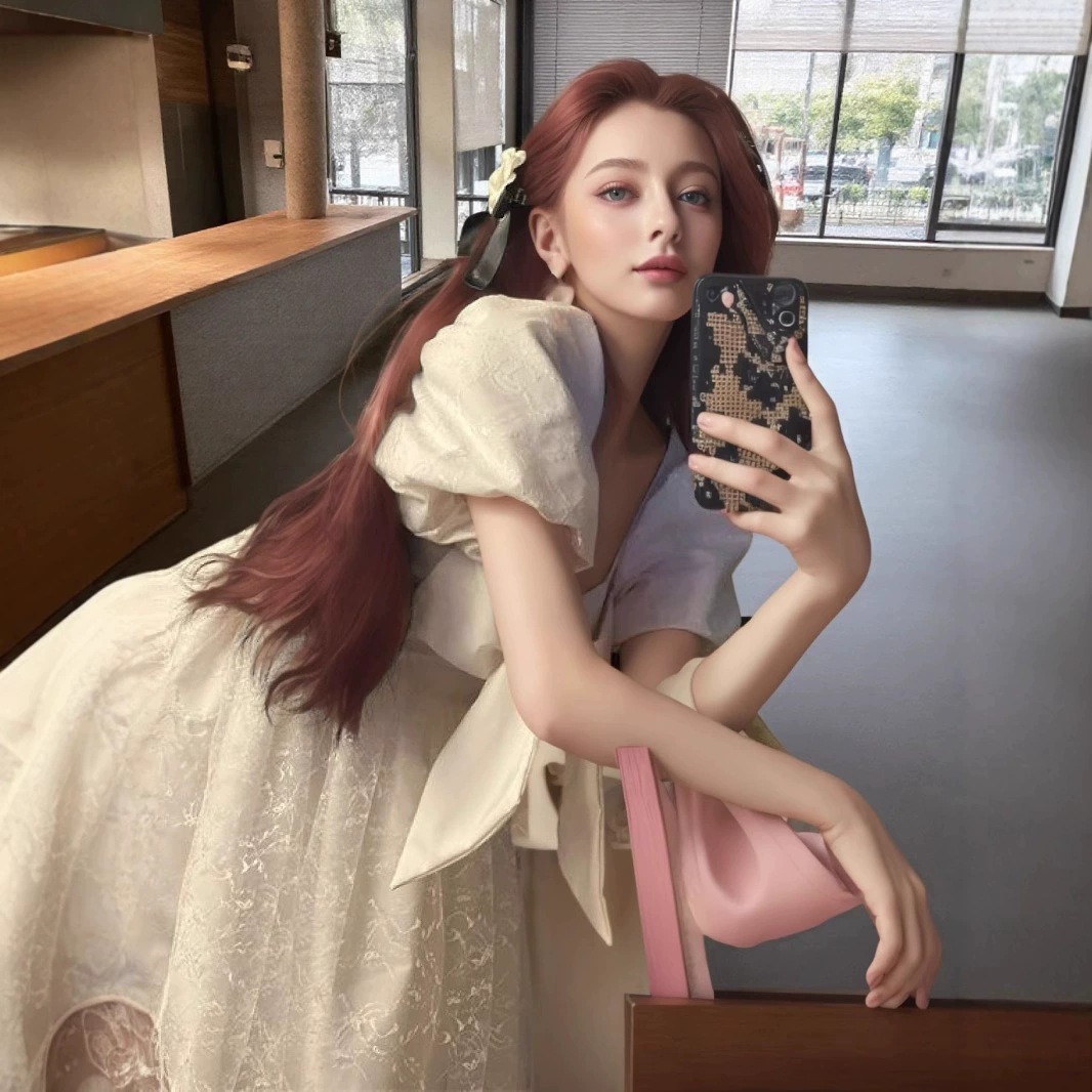 Кросс-бордерное платье 2025 года, новый сладкий стиль, дизайн с бантом, квадратный вырез, подчеркивающее талию, миниатюрная короткая юбка, экспортный стиль