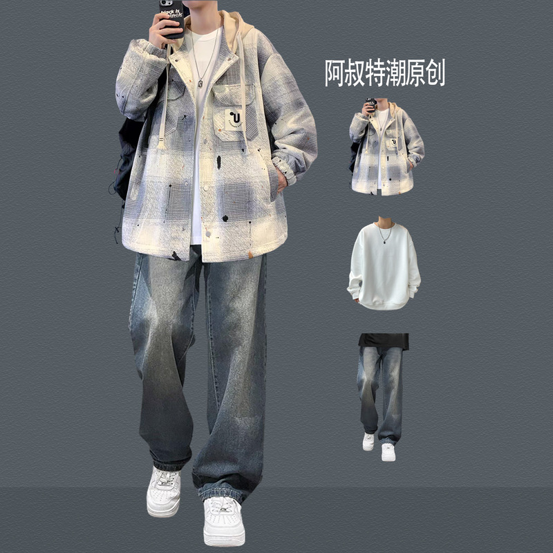 Autumn and Winter Plaid Jacket Men's Jacket Suit for Teenagers and Students, Trendy Autumn Clothes with Handsome Jeans