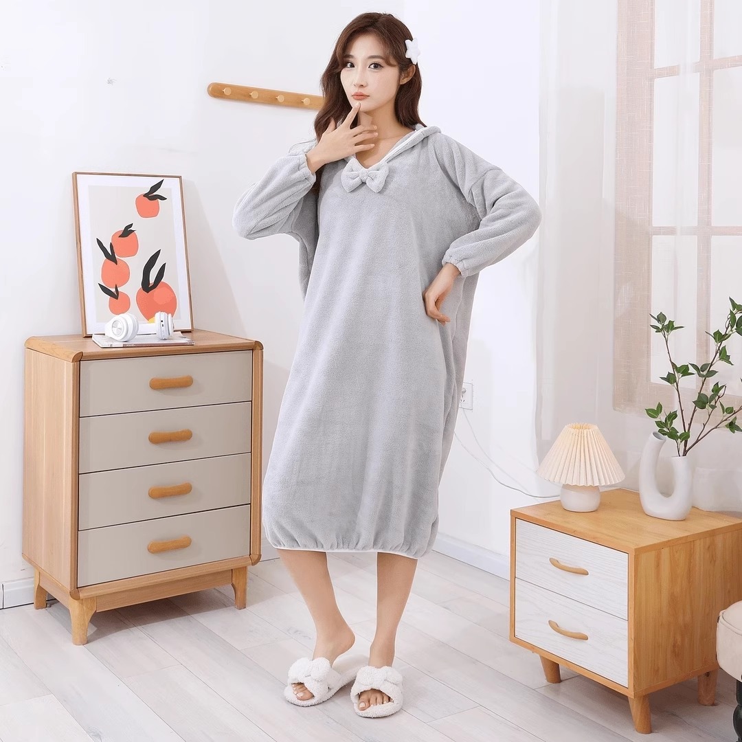 목욕 가운 가을 겨울 목욕 타월 여성 가정용 산호 양털 흡수 부드러운 빠른 건조 목욕 원피스 잠옷 후드 파자마 착용