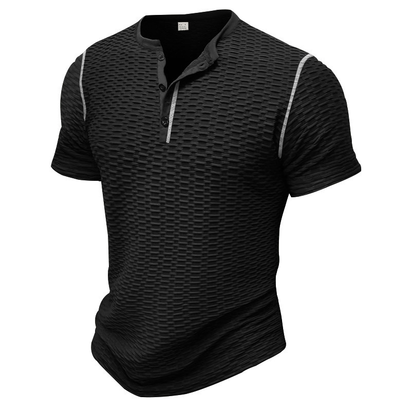 Camiseta deportiva europea y americana, informal, ajustada, transpirable, de manga corta para hombre, camiseta Henley muscular para hombre, transpirable y absorbente del sudor