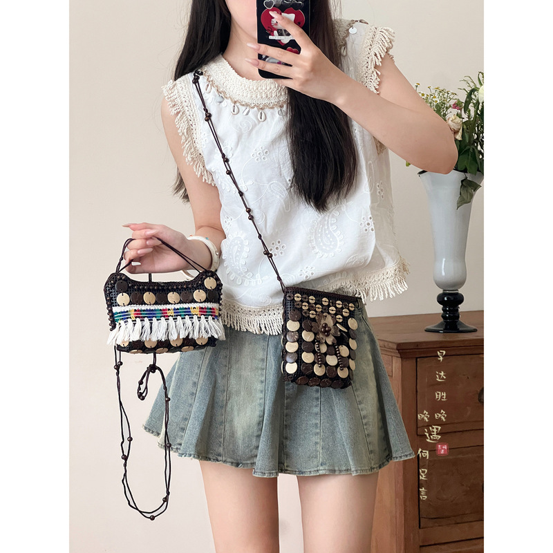Brown Coconut Shell Tassel Woven Crossbody Bag Women's Colorfulful Ethnic Style Retro Bohemian Coin Purse Small Shoulder Bag