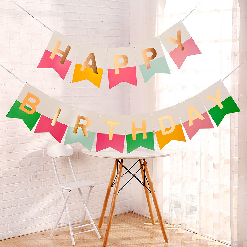 彩色生日快乐烫金字母鱼尾拉旗儿童生日派对装饰布置背景墙纸横幅