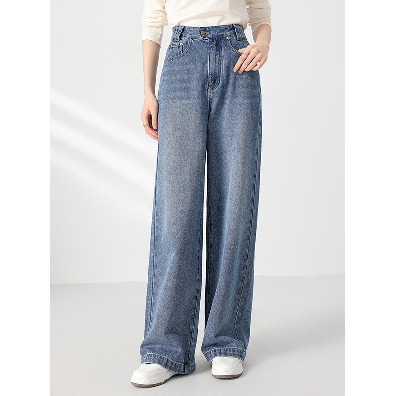 새로운 복고풍 디자인 센스 높은 허리 넓은 다리 청바지 느슨한 슬리밍 올 매치 바지 패션 간단한 직선 다리 바지
