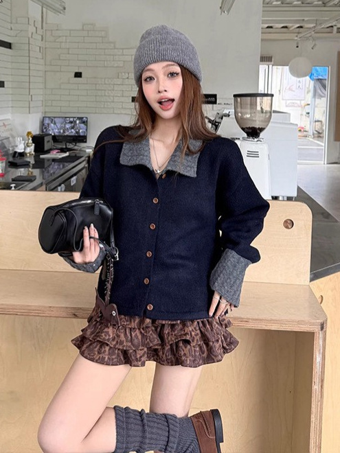 韩系复古撞色条纹翻领毛衣外套女秋季设计感磨毛针织开衫宽松上衣|undefined