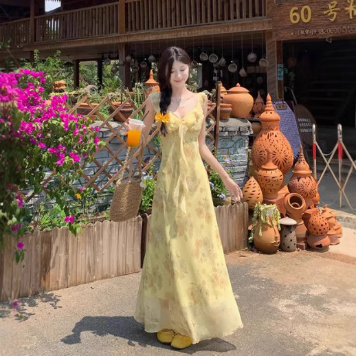 2025 新しい夏のヒップカバーフィッシュテールロングスカート黄色の花柄 V ネックフレンチプリント気質痩身ドレス|undefined