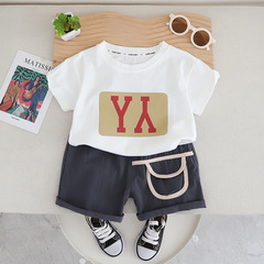 2024新款夏季男童圓領前後字母印花短袖休閒五分褲兩件套廠家批發