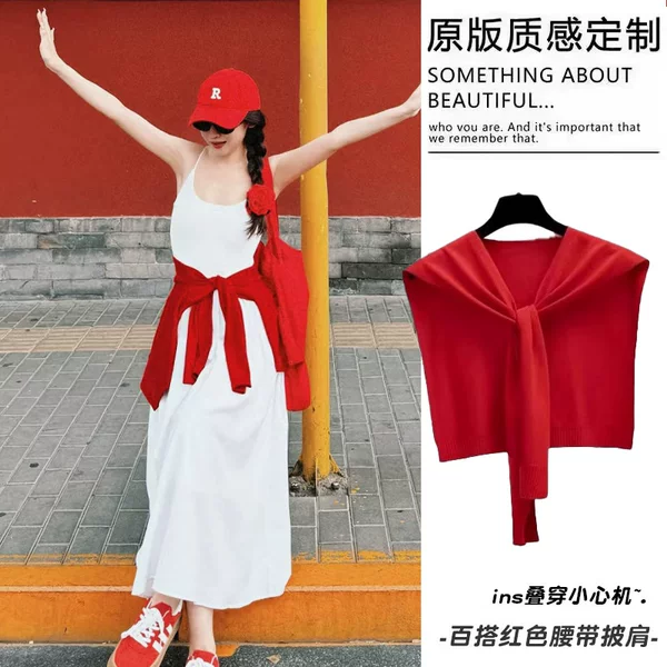 Retro Hong Kong Style Knitted Red Shawl for Women, Thin Layered Waist Decoration, Small Waistcoat Belt Accessories