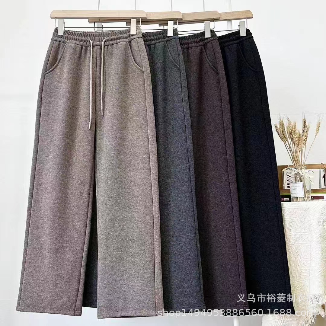 Spring New Style Antelope Wool Thin Wide-Leg Pants for Women, Loose Solid Color Long Pants with Elastic Waist, Straight-Leg Woolen Pants