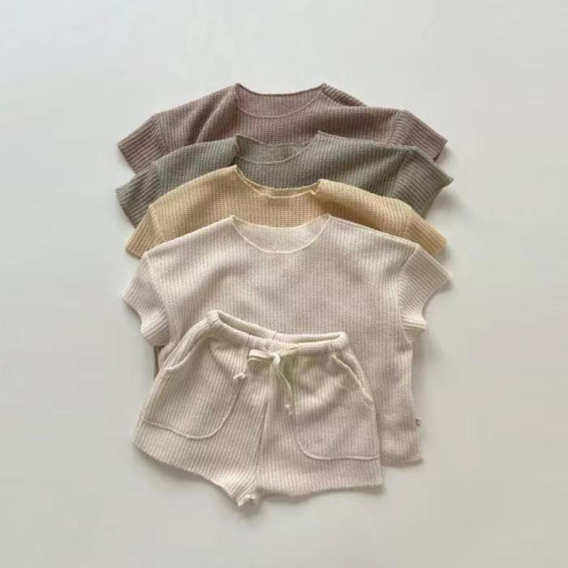 Conjunto de ropa hogareña infantil estilo coreano, traje deportivo de punto de manga corta, dos piezas holgadas