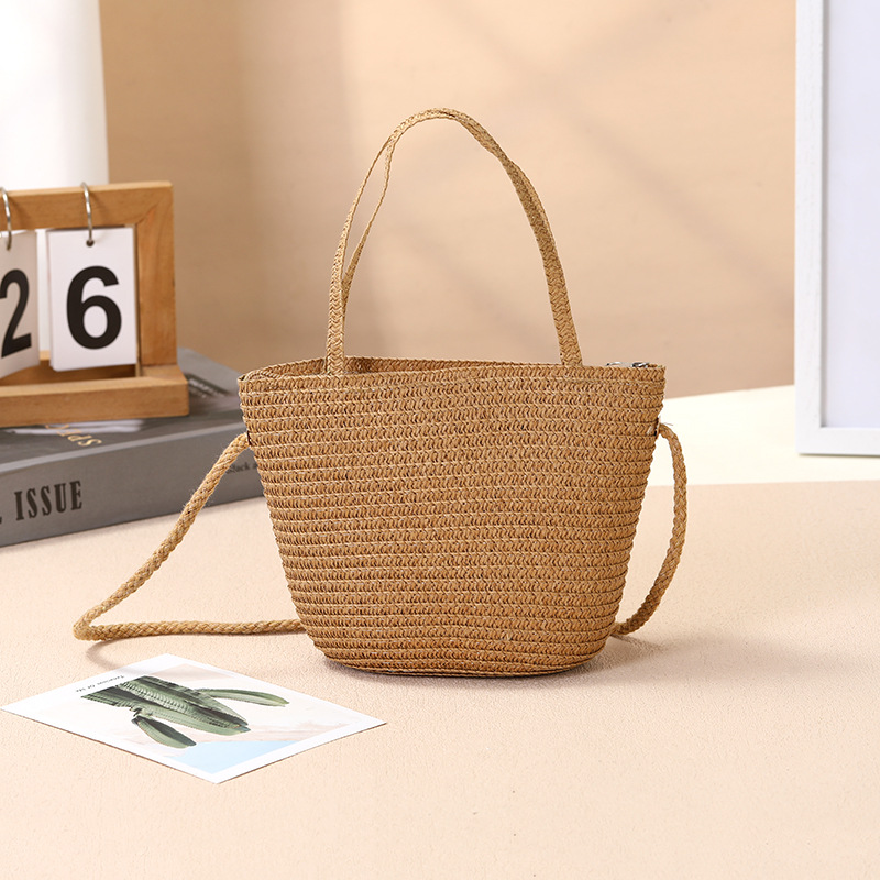 Square Shape Women's Straw Color Block Flower Vacation Beach Weave Square Zipper Straw Bag