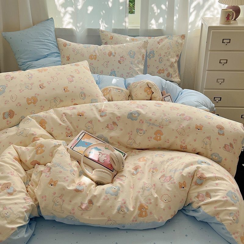Black and White Cute Cartoon Puppy Bed Sheet Quilt Cover Four-piece Set Washed Cotton Simple Student Dormitory Bed Single Three-piece Set