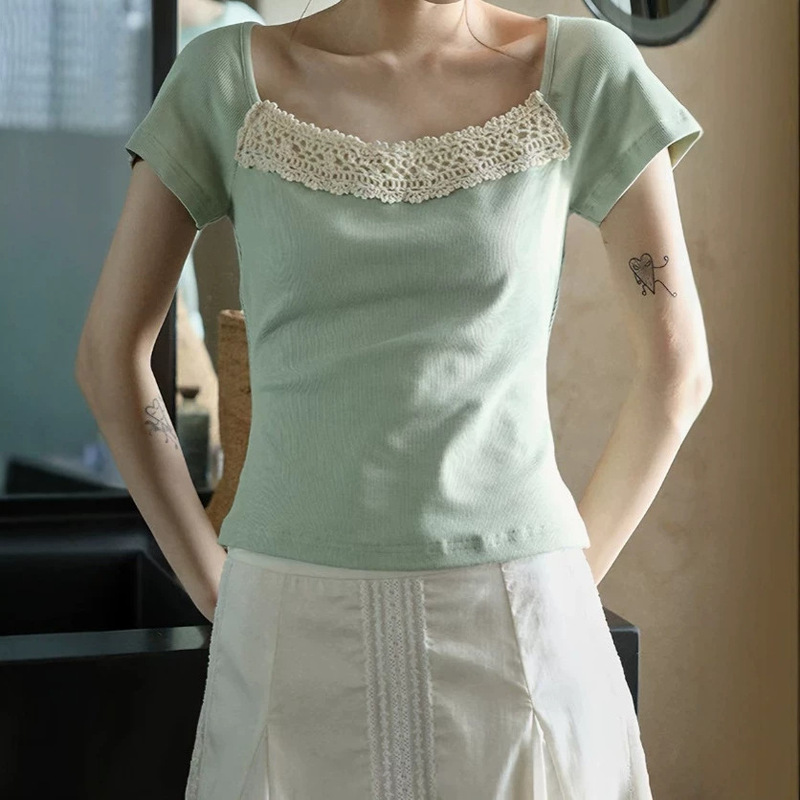 French Retro Fashion Versatile Gentle Crochet Hollow-Out Slim-Fit Lace Knit Short-Sleeve Women's Skin-Friendly Top for Summer French Retro Fashion Versatile Gentle Crochet Hollow-Out Slim-Fit Lace Knit Short-Sleeve Women's Skin-Friendly Top for Summer