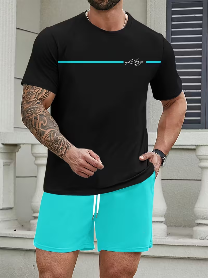 Men's 3D Print Short Sleeve T-Shirt & Shorts Set, Trendy Summer Casual Outfit, Lightweight Breathable Sportswear_viptrois.com