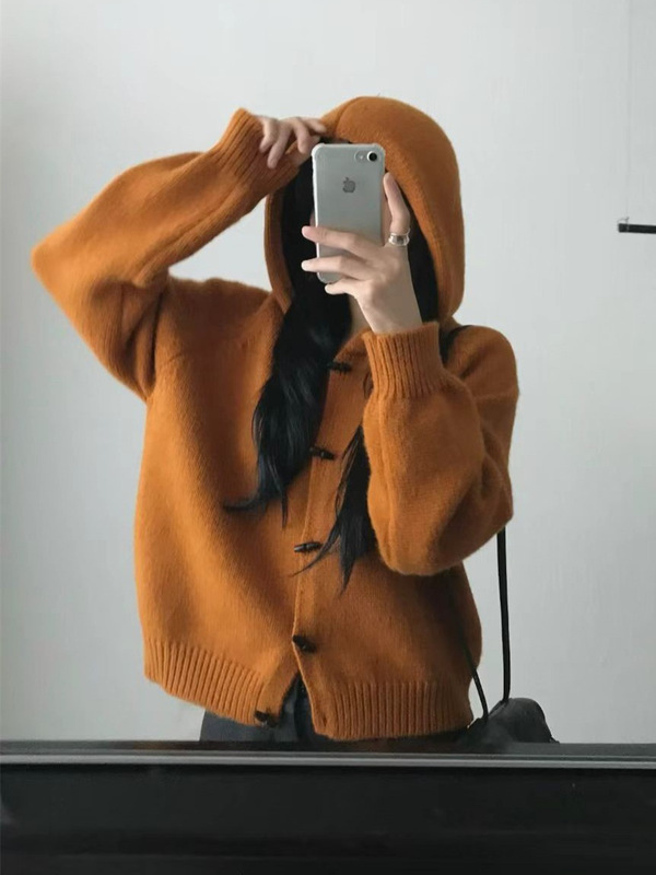 韩系复古牛角扣连帽毛衣开衫女宽松秋冬新款慵懒风显瘦针织衫外套|undefined