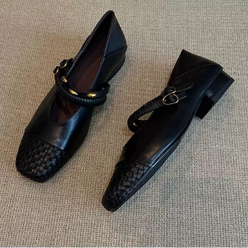 Retro woven autumn Mary Jane shoes square toe with a strap low-cut