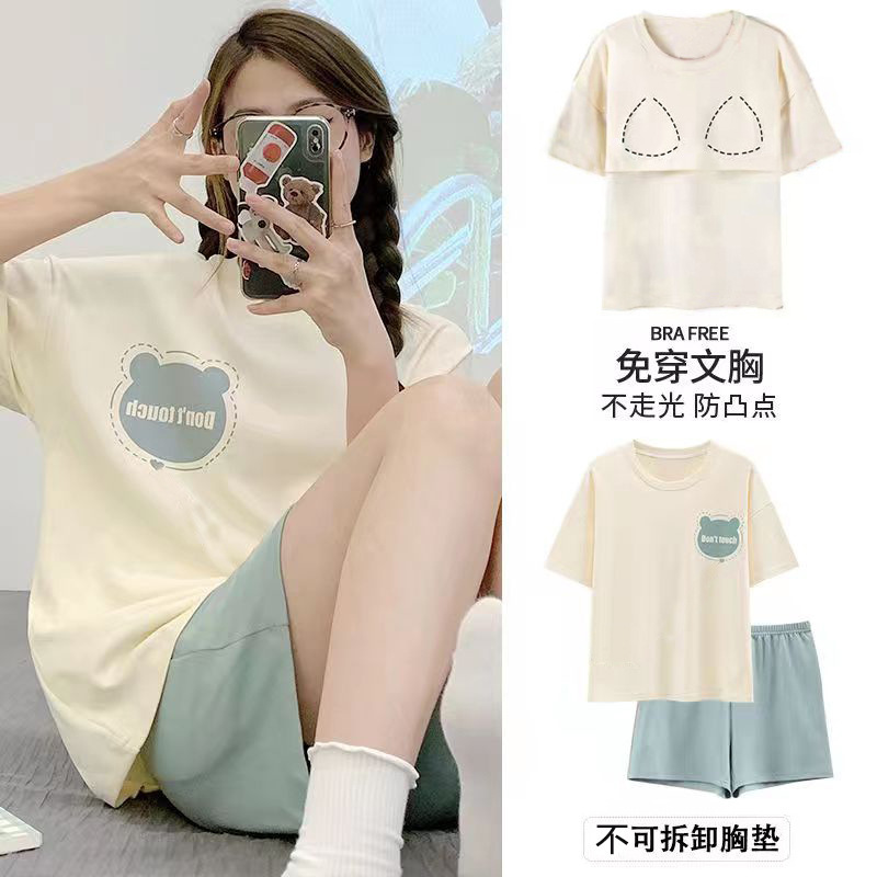 Pajamas Women's Summer 2023 New Style Cotton Short-sleeved Shorts with Chest Pad Outwear Home Wear Suit