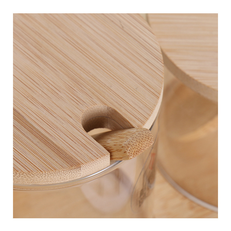 Botella de condimento de vidrio con tapa Cuchara de madera traje de almacenamiento de cocina botella de vidrio transparente base de bambú condimento frasco de acabado