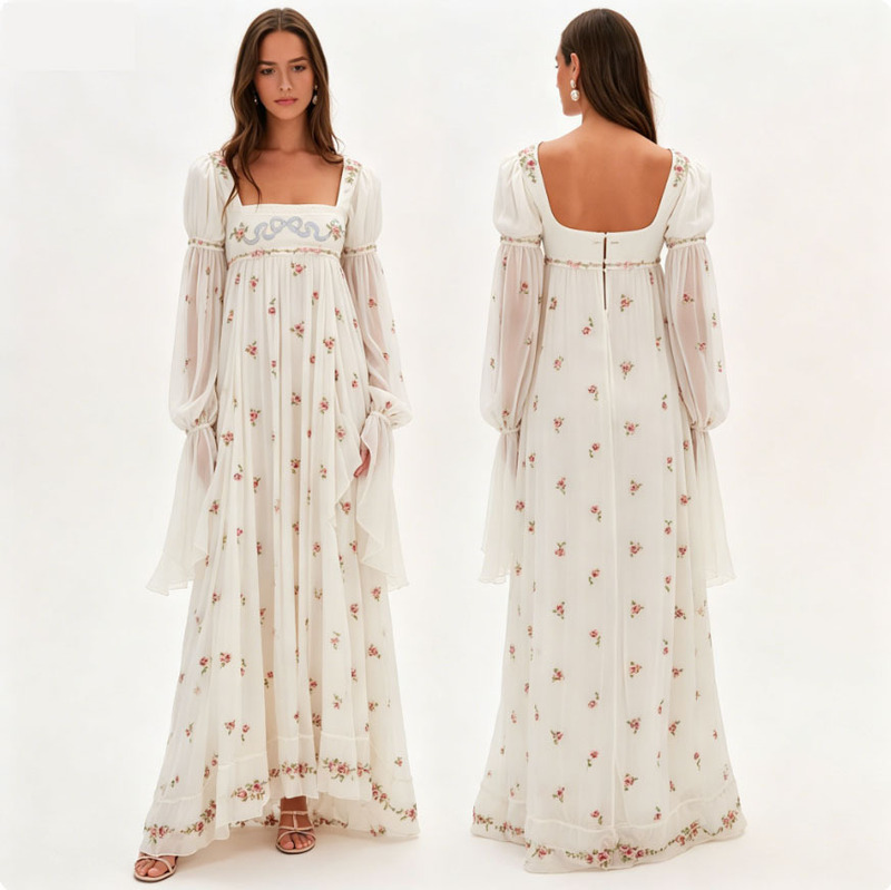 European and American Cross-Border Square-Neck Puff-Sleeve Floral Embroidered Long Dress for Women, French High-Waisted Chiffon Holiday-Style Flared Dress European and American Cross-Border Square-Neck Puff-Sleeve Floral Embroidered Long Dress for Women, French High-Waisted Chiffon Holiday-Style Flared Dress