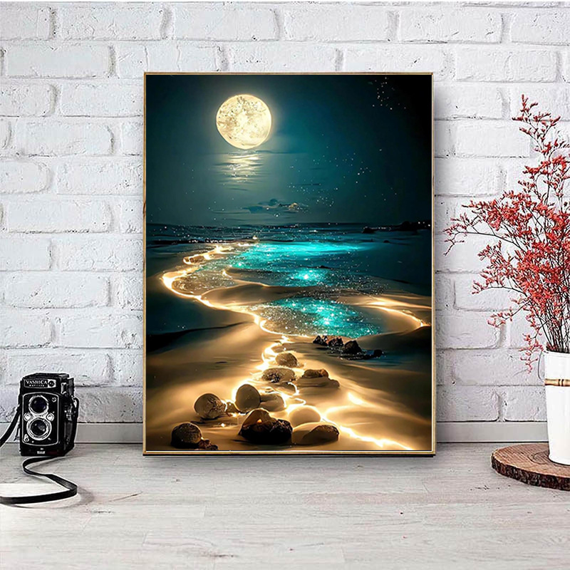 Pintura de diamantes DIY transfronteriza al por mayor, 5D, superventas, con diseño de luna junto al mar, diamantes redondos, diamantes completos, diamantes cuadrados, pintura decorativa para sala de estar