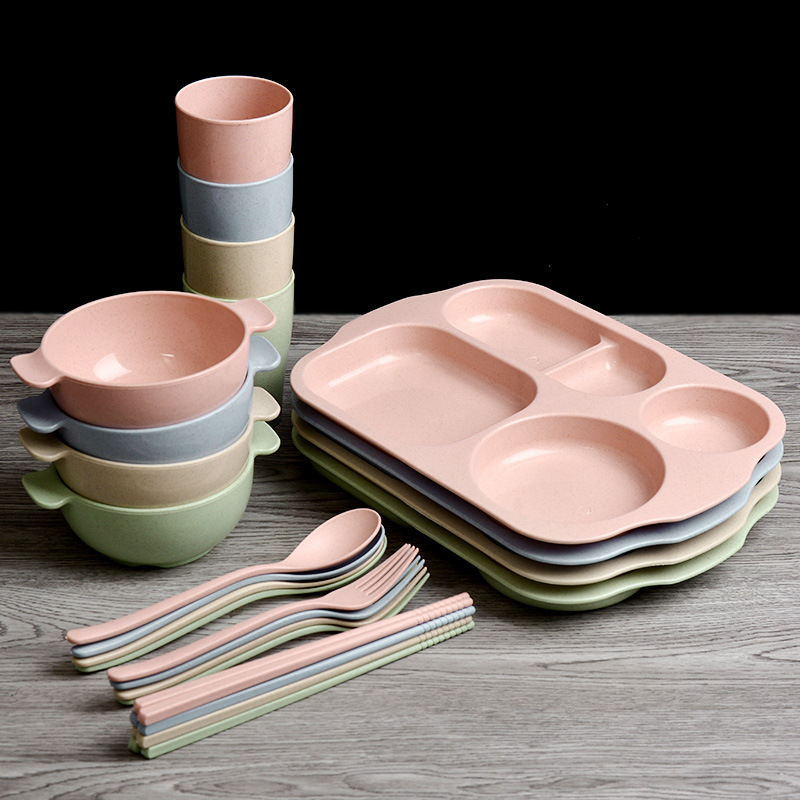 小麦わら児童食器セット幼稚園児童仕切り皿ボウルスプーン箸六点セットロゴ|undefined