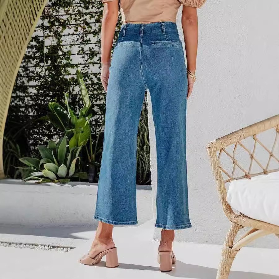 Jeans de Tiro Alto y Pierna Ancha para Mujer de Algodón con Bolsillos image 3
