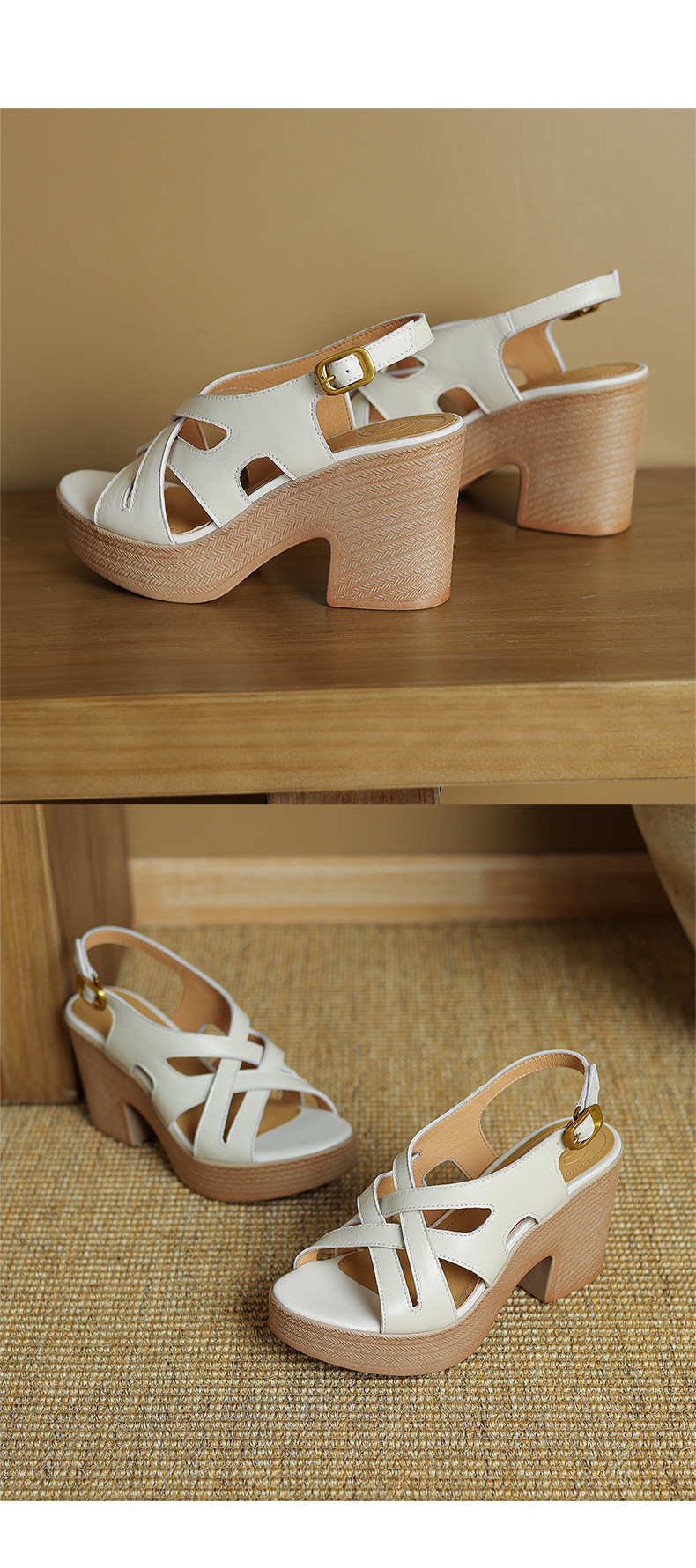 Sandal cao gót nữ quai ngang đế dày da cừu phong cách La Mã — Màu trắng be chi tiết 17