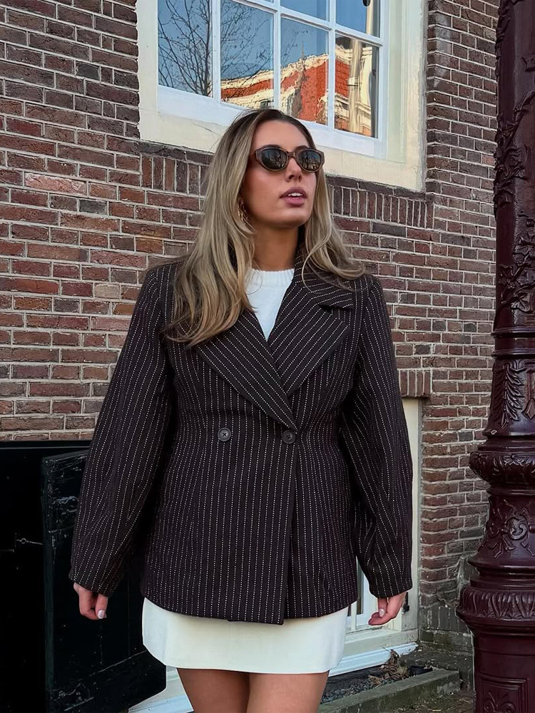 Chaqueta de Traje a Rayas con Cintura Ajustada para Mujer de Poliéster image 5