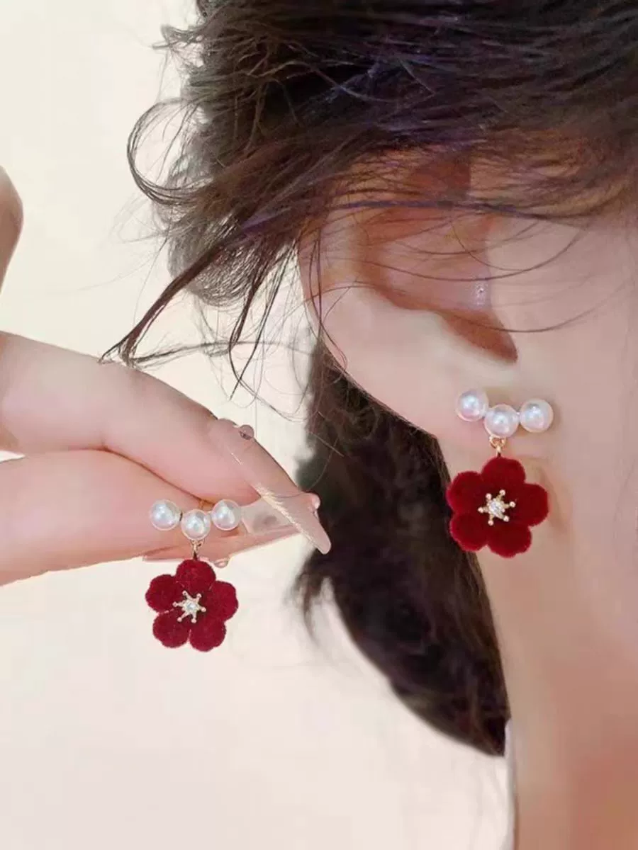 Festive red cute long demi-season earrings with bow with tassels, flowered