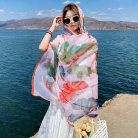 韩版银杏叶花卉丝巾优雅洋气围巾时尚装饰防晒披肩海边度假沙滩巾