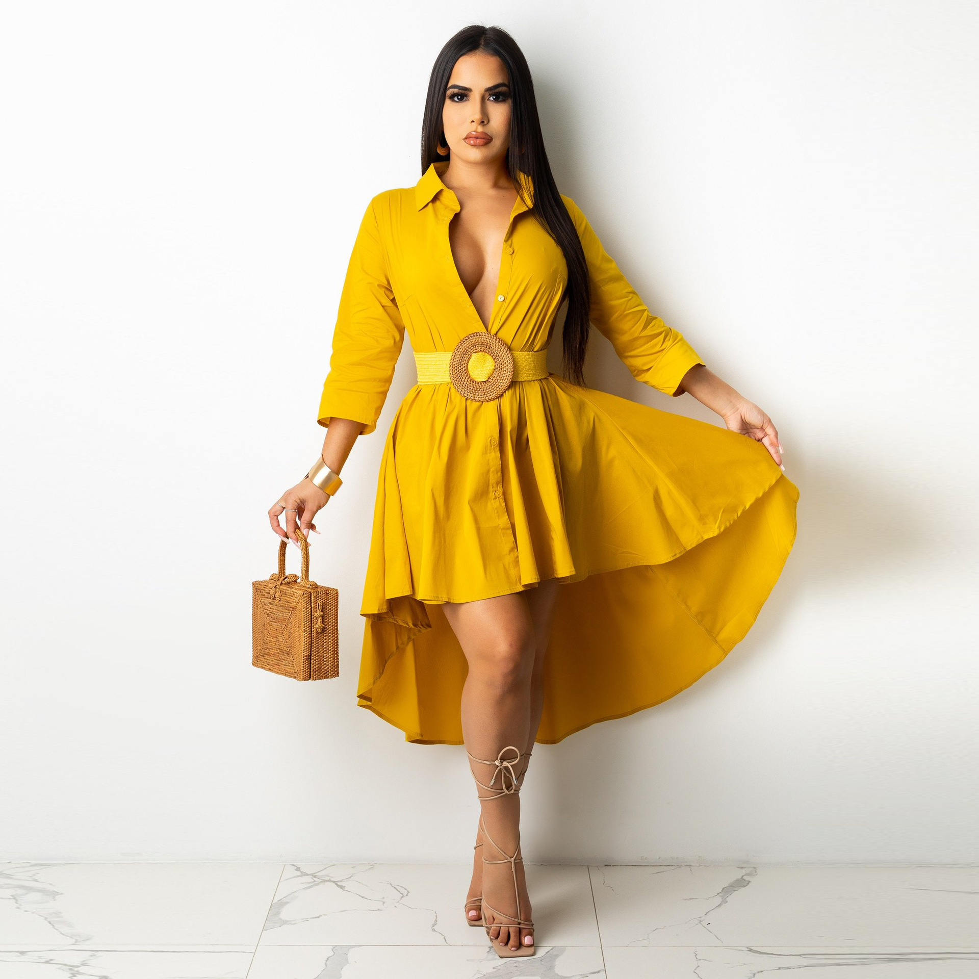 Autumn Winter Irregular Asymmetric Half Sleeve Long Shirt Dress