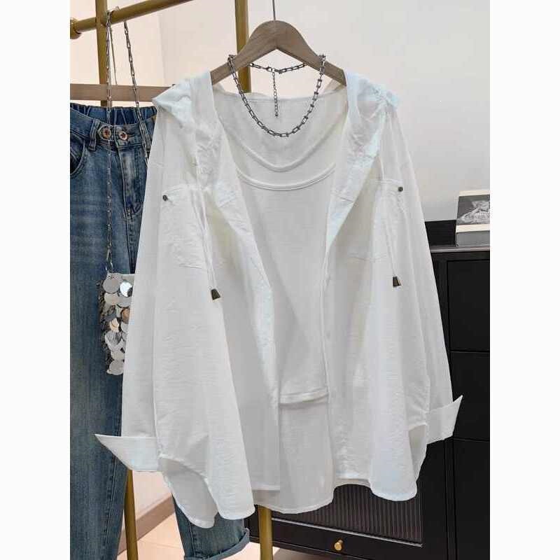 Plus-Size Hooded Shirt for Women, 2025 Summer New Style, Loose Korean Version, Casual Versatile Sun Protection Top, Thin Jacket